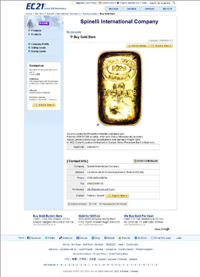 Spinelli International Company's Buy Gold Bars Page